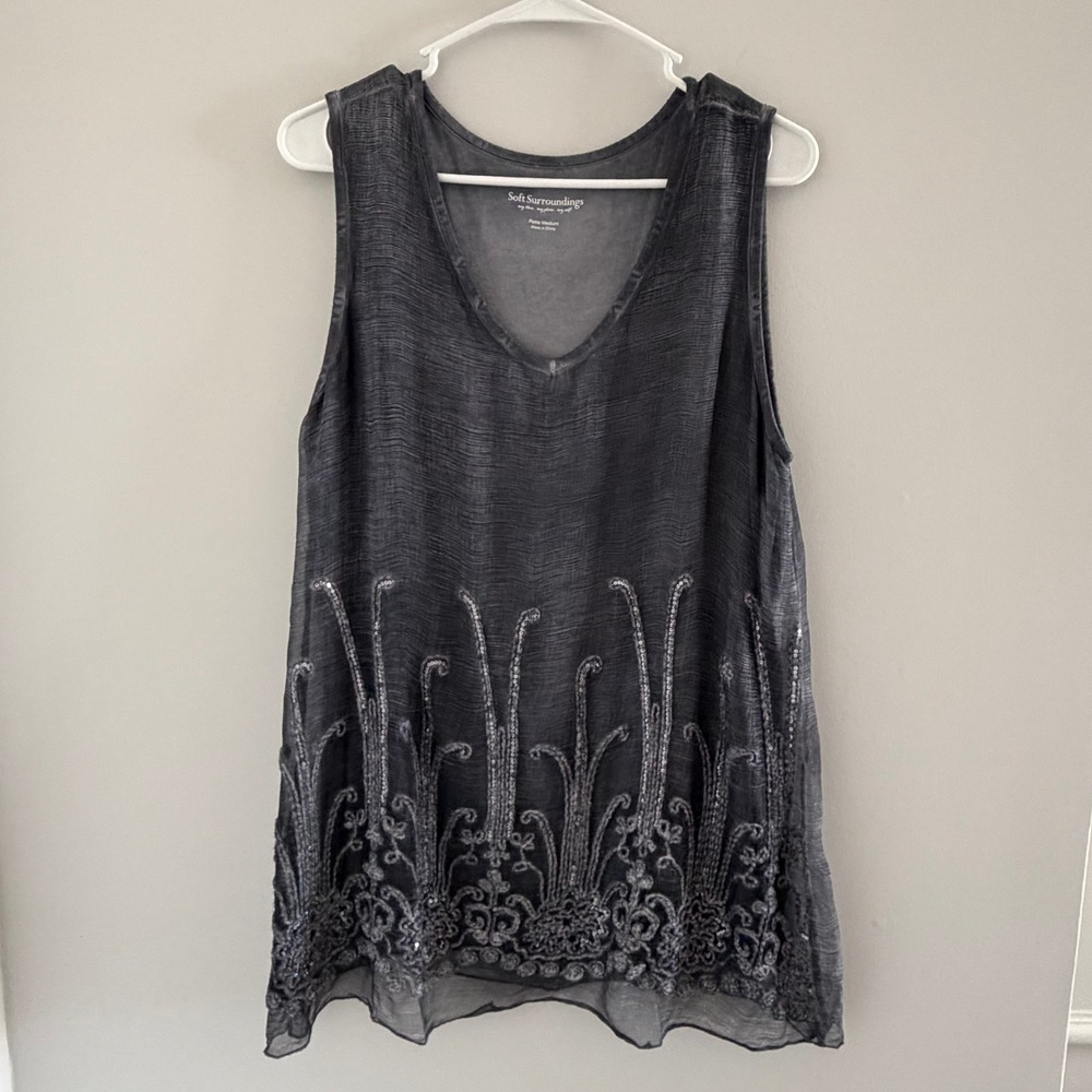 Soft Surroundings Silk Sequin Embroidery Tunic Tank Top Gray Petite M Glam Fairy